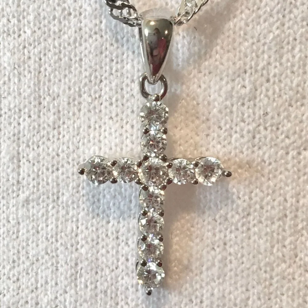 Cross Necklace Sterling Silver Cubic Zirconia Pendant 925 17in Twist Chain